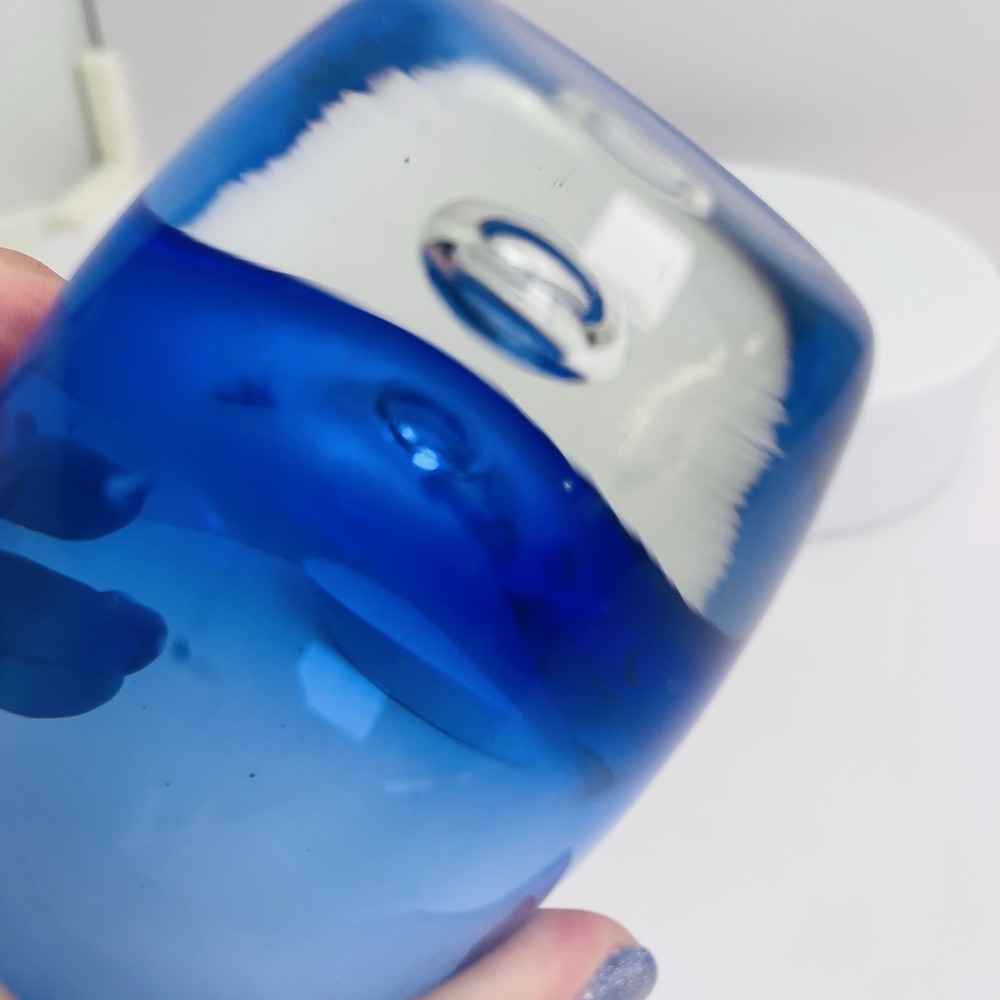 Cobalt Blue Clear Bottom Glass Vase Hand Blown Controlled Bubble VIDEO - Picture 4 of 7